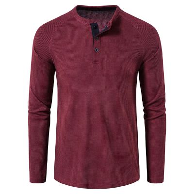 Men's Waffle Crewneck Henley Shirt Lightweight Long Sleeve Stretchy Shirt Classic Pullover Undershirt Sweater (X-Large,Wine Red)