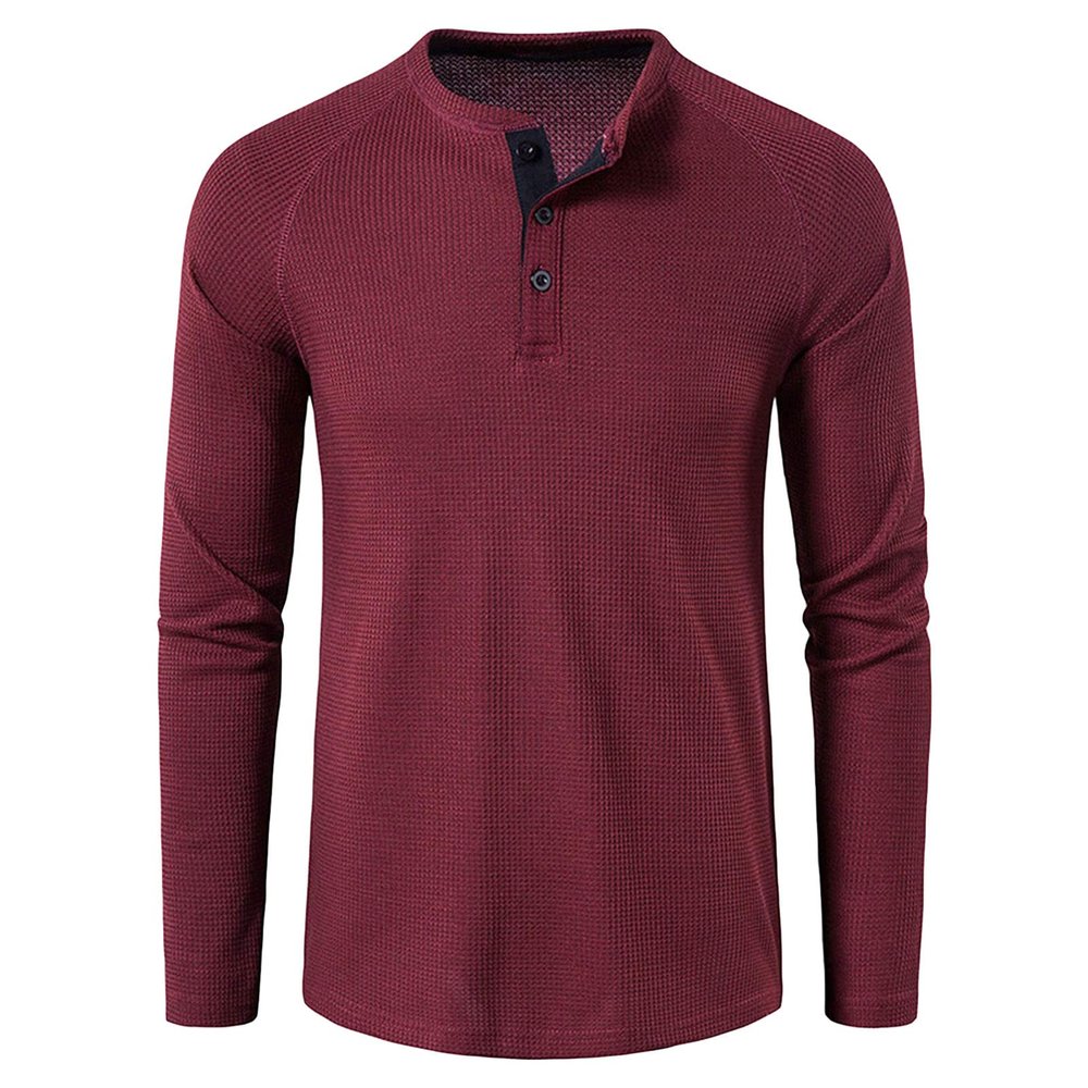 Men's Waffle Crewneck Henley Shirt Lightweight Long Sleeve Stretchy Shirt Classic Pullover Undershirt Sweater (X-Large,Wine Red)