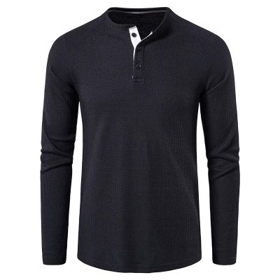 Men's Waffle Crewneck Henley Shirt Lightweight Long Sleeve Stretchy Shirt Classic Pullover Undershirt Sweater (X-Large,Black)