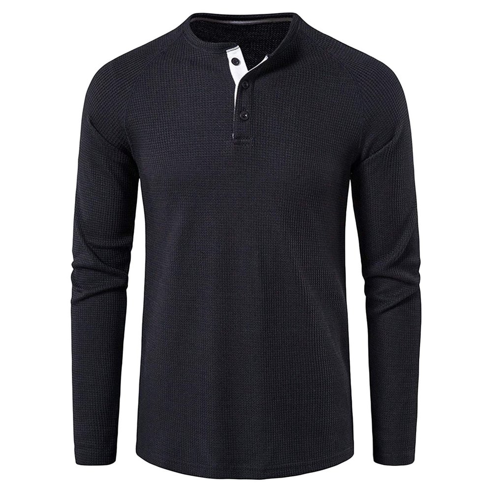 Men's Waffle Crewneck Henley Shirt Lightweight Long Sleeve Stretchy Shirt Classic Pullover Undershirt Sweater (X-Large,Black)