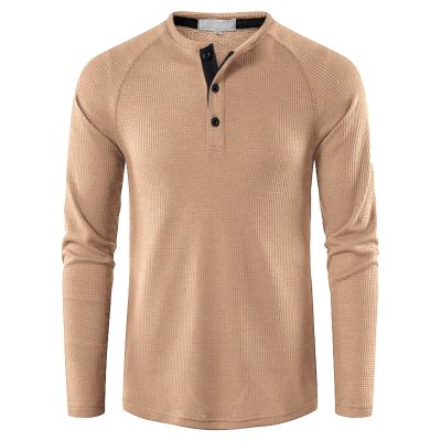Men's Waffle Crewneck Henley Shirt Lightweight Long Sleeve Stretchy Shirt Classic Pullover Undershirt Sweater (XX-Large,Apricot)