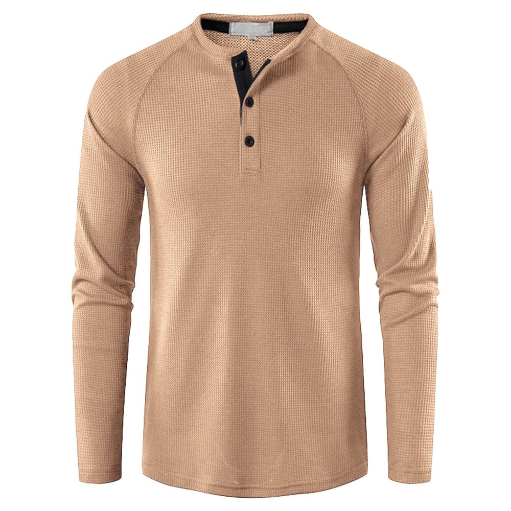 Men's Waffle Crewneck Henley Shirt Lightweight Long Sleeve Stretchy Shirt Classic Pullover Undershirt Sweater (XX-Large,Apricot)