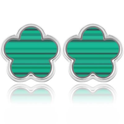 14K Gold Four Leaf Clover Stud Earrings for Women Lucky Flower Jewelry (Green Stripe-White Gold Plated)