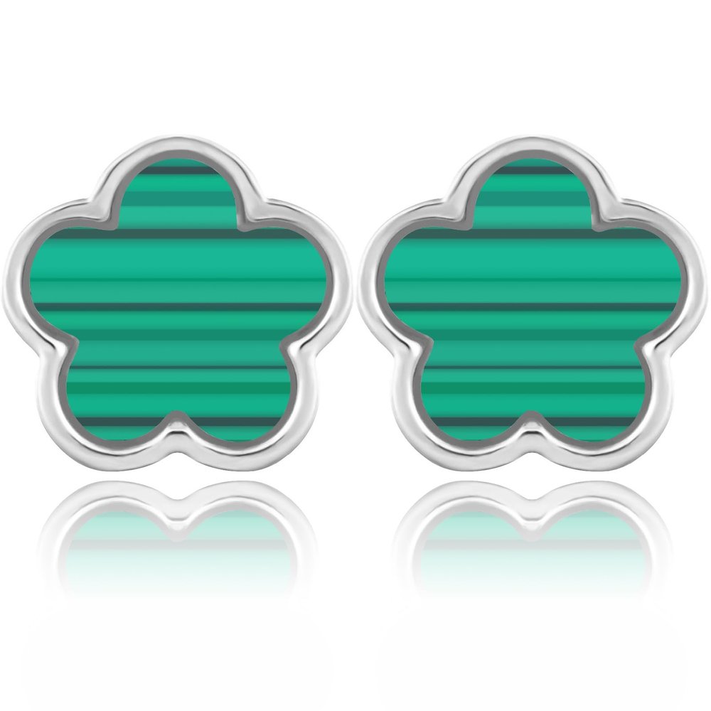 14K Gold Four Leaf Clover Stud Earrings for Women Lucky Flower Jewelry (Green Stripe-White Gold Plated)