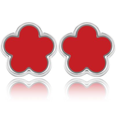 14K Gold Four Leaf Clover Stud Earrings for Women Lucky Flower Jewelry (Red-White Gold Plated)