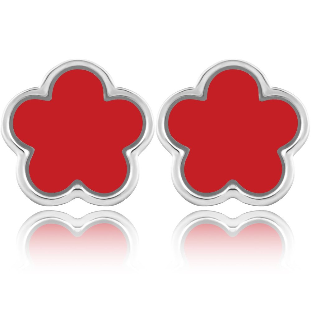 14K Gold Four Leaf Clover Stud Earrings for Women Lucky Flower Jewelry (Red-White Gold Plated)