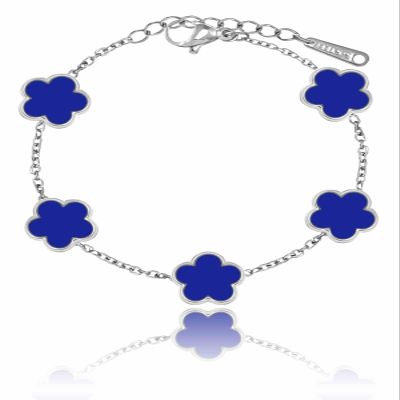 14K Gold Dainty Four Leaf Clover Bracelets for Women Lucky Flower Jewelry (Royal Blue-White Gold Plated)