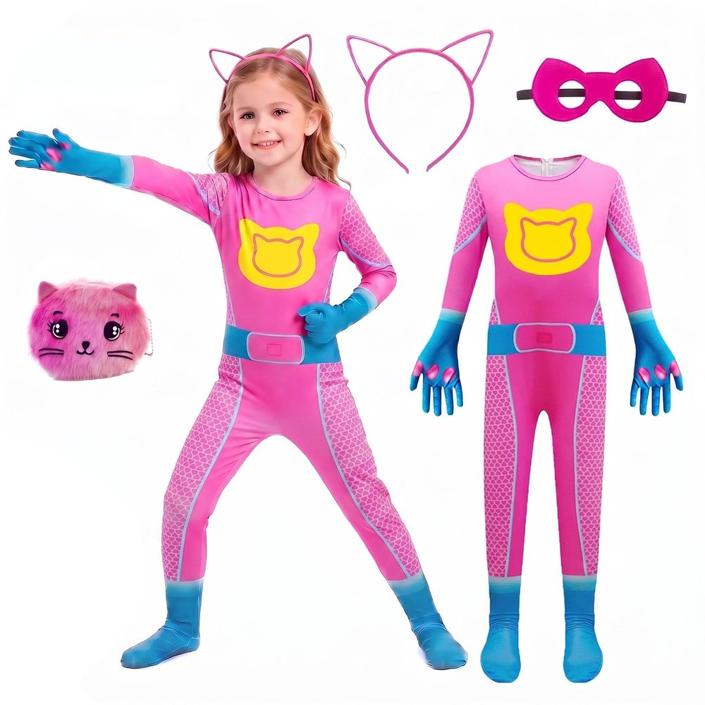 YODISON Hero Full Body Jumpsuit with Ear Headband Eye Mask Purse Outfit for Stage Performance Themed Gathering-130cm/Rose Red