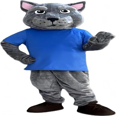 Grey Panther in Blue T-shirt Mascot Costume Adult Size for Men & Women with Built-in Fan Inside the Head