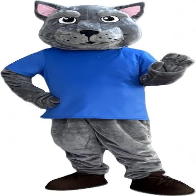 Grey Panther in Blue T-shirt Mascot Costume Adult Size for Men & Women with Built-in Fan Inside the Head