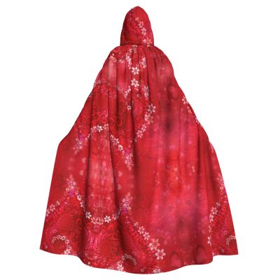 LIXLZH Valentine's Day Reds Heart Flower Print Hooded Cloak Universal Adult Cape Witch Costume Halloween Costumes Carnival Cloak