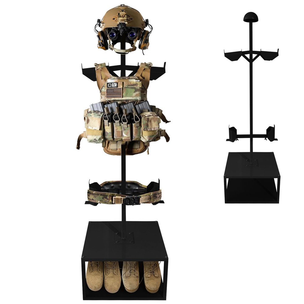 Montex Tactical Gear Stand Helmet Vest Belt Display Rack, Heavy Duty Tactical Vest Stand, Adjustable Military Gear Holder (5'11" Height Max), Body Armor Stand Hold Up to 120 lbs, Black