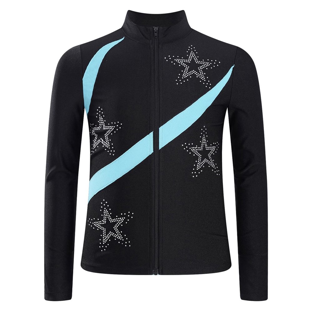 Freebily Kids Girls Figure Ice Skating Training Outerwear Jacket Sparkly Long Sleeve Zipper Ice Skating Top Light Blue 16 Years