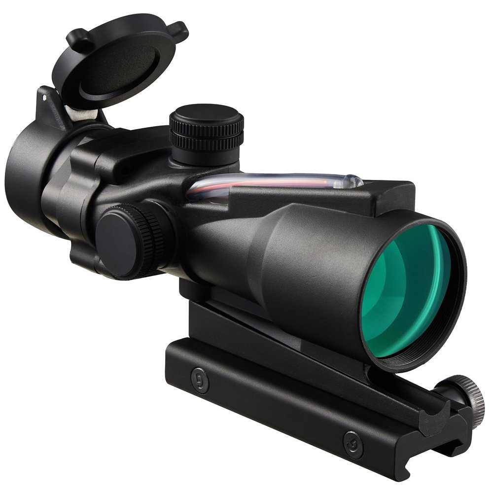 LECPECON 4X Prism Scope Optical Sight Red Fiber Reticle Sights Black (with lencover)