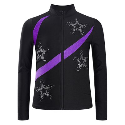 Freebily Kids Girls Figure Ice Skating Training Outerwear Jacket Sparkly Long Sleeve Zipper Ice Skating Top Purple 10 Years