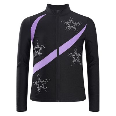 Freebily Kids Girls Figure Ice Skating Training Outerwear Jacket Sparkly Long Sleeve Zipper Ice Skating Top Light Purple 14 Years