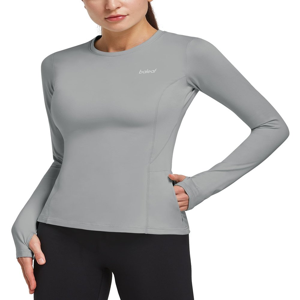 baleaf Women's Thermal Tops Long Sleeve Fleece Lined Running Workout Shirts Athletic Cold Weather Gear Winter Compression Zipper Pocket Light Gray XL