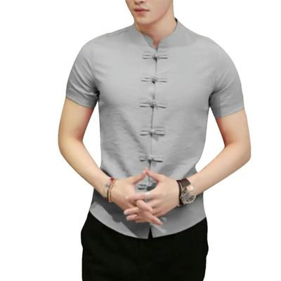Casual Shirts Traditional Chinese Tang Suit Men Summer Short Sleeve Kung Fu Uniform Grey XL