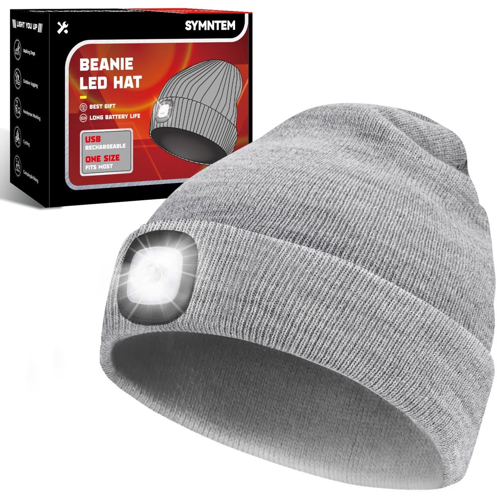 SYMNTEM Unisex Beanie Hat with Light, Rechargeable Headlight Cap, Valentines Day Gifts for Him, Cool Gadget Gifts for Him, Birthday Gifts for Women, Gifts for Men, Grey