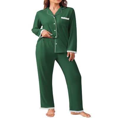Ekouaer Womens Pajamas Set Long Sleeve Sleepwear Button Down Lounge Set 2 Pieces Soft Nightwear Lace Pjs Set Deep Green