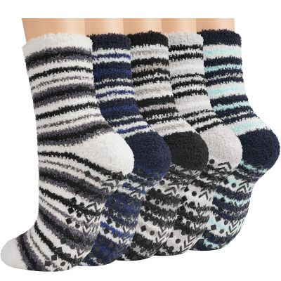 Toes Home Fuzzy Socks Men with Grips, Winter Fluffy Slipper Socks Hospital Cozy Warm Non-slip Thick 5 Pairs