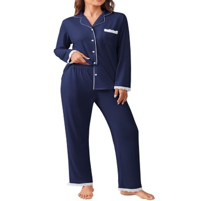 Ekouaer Womens Pajamas Set Long Sleeve Sleepwear Button Down Lounge Set 2 Pieces Soft Nightwear Lace Pjs Set Navy Blue