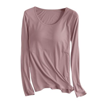 Womens Long Sleeve Shirts with Built-in Bra Padded Crewneck Yoga Workout Tops Soft Stretch Athletic Basic T-Shirts