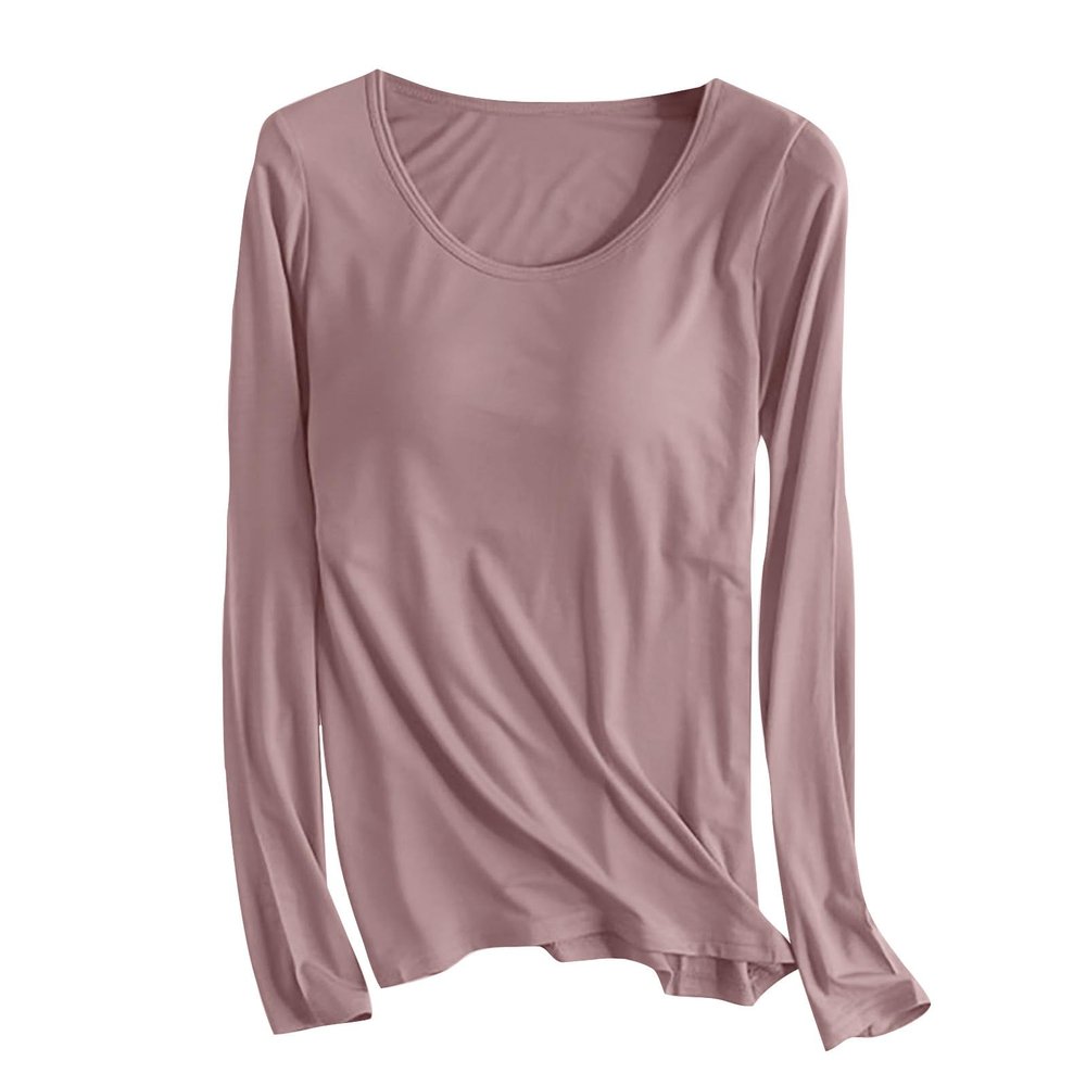 Womens Long Sleeve Shirts with Built-in Bra Padded Crewneck Yoga Workout Tops Soft Stretch Athletic Basic T-Shirts