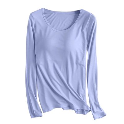 Womens Long Sleeve Shirts with Built-in Bra Padded Crewneck Yoga Workout Tops Soft Stretch Athletic Basic T-Shirts