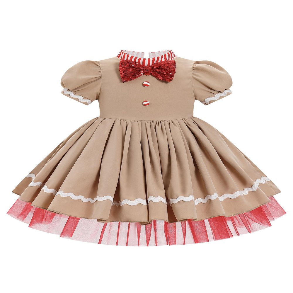 IDOPIP Christmas Dress for Toddler Baby Girls Puff Sleeve Tutu Dress Princess Holiday Ruffle Tulle Dress Birthday Cake Smash Photo Shoot Outfit Mock Neck Elegant Baptism Mesh Dress Khaki 12-18 Months