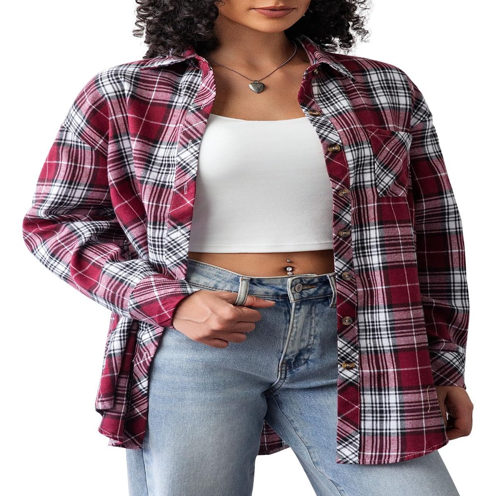 CHYRII Womens Button Down Flannel Shirts Long Sleeve Plaid Shacket Business Casual Blouse Tops 7157-Christmas Red XXL