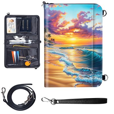 Travel Passport Wallet Passport,Family Passport Holder - Large Travel Passport Wallet Holder for Family Men Women, RFID Blocking,Lightweight Portable with Zipper Pocket,Beach Palm Trees Sunset