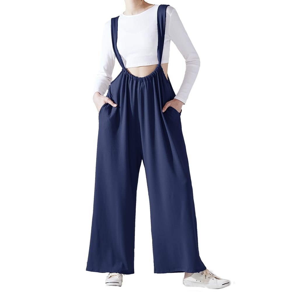 noflik Adjustable Strap High Wastied Wide leg Suspender Solid Pants(Navy, S)