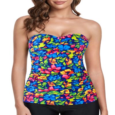 RELLECIGA Women's Flower Garden Ruched Bandeau Tankini Top Swimsuits Size X-Large