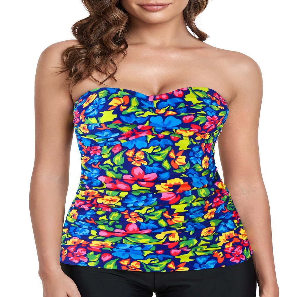 RELLECIGA Women's Flower Garden Ruched Bandeau Tankini Top Swimsuits Size X-Large