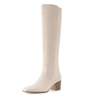 Shoe'N Tale Women's Knee High Boots Square Toe Mid Chunky Block Heeled Tall Boots Side Zipper(7,White)