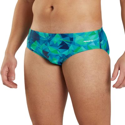 Sporti Fractalicious Brief Swimsuit - Mens Swim Briefs - Athletic Swimsuit Training for Swimmers - Competition Pool Training Swim Briefs for Men - Blue/Green - 32