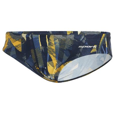 Sporti Boys Swim Briefs Athletic Swimwear  Vibrant Catalyst Print, Lycra Xtra Life 4-Way Stretch, Chlorine & UPF 50+ Resistant, Competition Training Swimsuit - Navy/Gold - 22