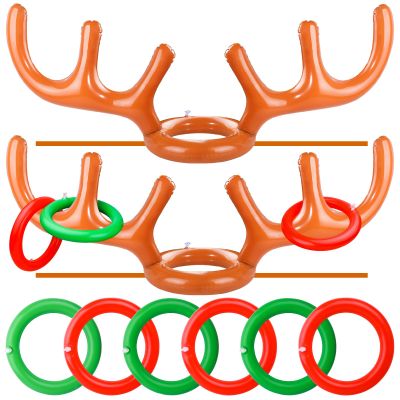 2 Set Inflatable Reindeer Antler Ring Toss Game for Christmas, with 2 Antlers and 8 Rings, Indoor Outdor Game Hats Family Christmas for Teens Adults, Fun Xmas Gifts