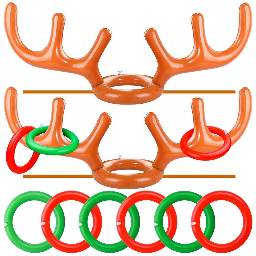2 Set Inflatable Reindeer Antler Ring Toss Game for Christmas, with 2 Antlers and 8 Rings, Indoor Outdor Game Hats Family Christmas for Teens Adults, Fun Xmas Gifts