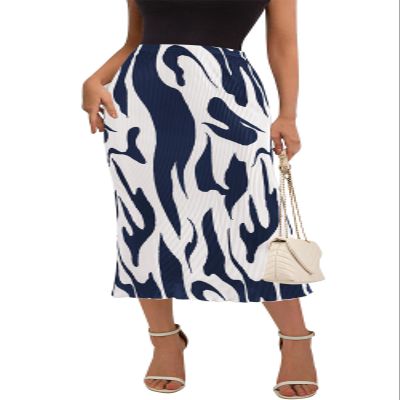 PRETTYGARDEN Women's 2026 Spring High Waist Printed A Line Pleated Skirts for Women Trendy Bodycon Midi Skirt Flared Hem (Navy on White, X-Large)