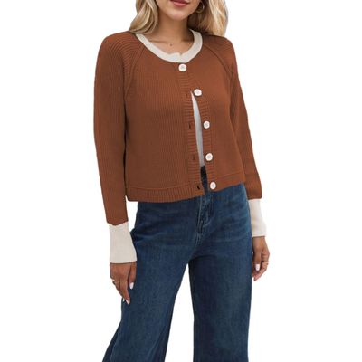 HANMAX Women's Cropped Cardigan Sweaters Button Down Open Front Long Sleeve Fall Trendy Color Block Knit Coats Brown
