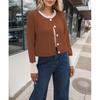 HANMAX Women's Cropped Cardigan Sweaters Button Down Open Front Long Sleeve Fall Trendy Color Block Knit Coats Brown view 2