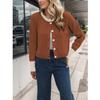 HANMAX Women's Cropped Cardigan Sweaters Button Down Open Front Long Sleeve Fall Trendy Color Block Knit Coats Brown view 3