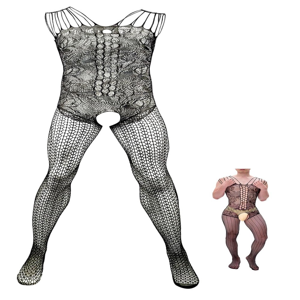 FEOYA Men's Sheer Lace Lingerie Sissy clothes Sexy Tight Bodysuits Jacquard Mesh See Through Bodysuits Jumpsuit B1