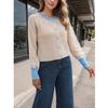 HANMAX Women's Cropped Cardigan Sweaters Button Down Open Front Long Sleeve Fall Trendy Color Block Knit Coats Apricot view 4