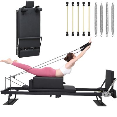 Pilates Reformer Machine, Lengthened Foldable Pilates Equipment for Home Workouts, Pilates Reformer Suit with Pilates Sitting Box, Jump Board, 4 Alloy Steel Spring and 5 Latex Elastic Rope