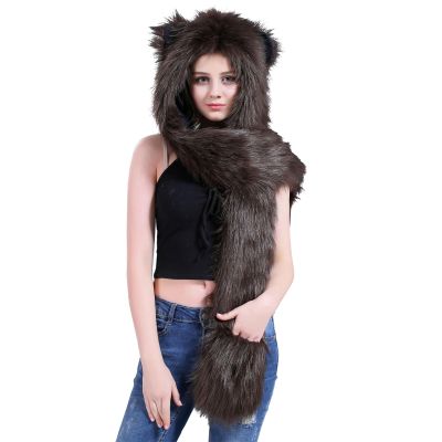 Womens Faux Fur Animal Hood Hat Cozy Plush 3 in 1 Scarf Gloves Hat with Pockets Cute Cartoon Paws Earflaps Costume Cap