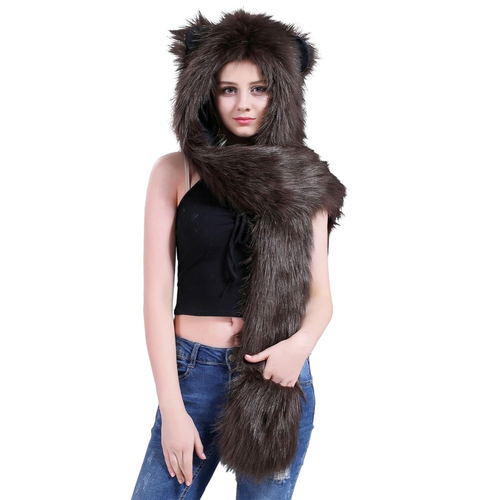 Womens Faux Fur Animal Hood Hat Cozy Plush 3 in 1 Scarf Gloves Hat with Pockets Cute Cartoon Paws Earflaps Costume Cap