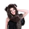 Womens Faux Fur Animal Hood Hat Cozy Plush 3 in 1 Scarf Gloves Hat with Pockets Cute Cartoon Paws Earflaps Costume Cap view 2